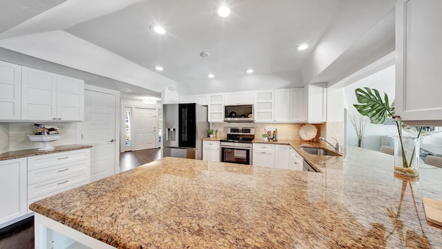 kitchen with dark hardwood / wood-style floors, light stone counters, and stainless steel appliances