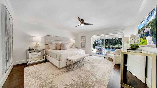 bedroom featuring access to exterior, ceiling fan, ornamental molding, and hardwood / wood-style flooring