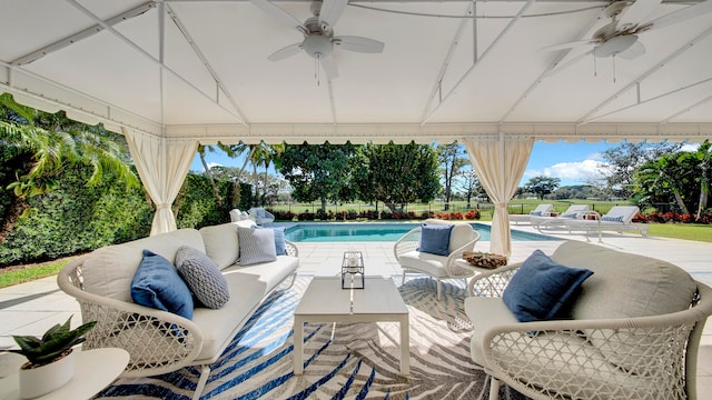 view of patio featuring a gazebo and outdoor lounge area