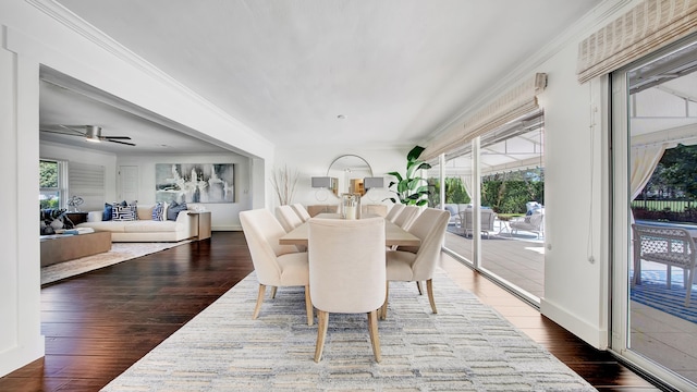 dining area with hardwood / wood-style flooring, plenty of natural light, crown molding, and ceiling fan