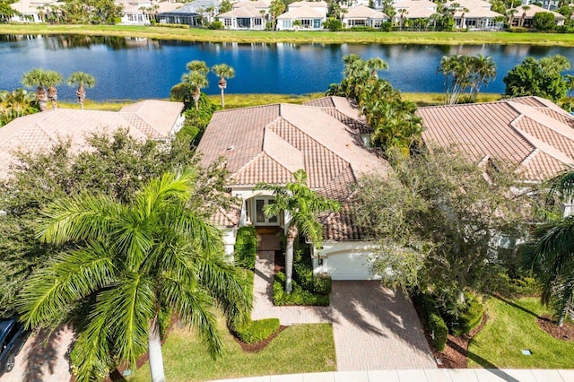 drone / aerial view with a water view