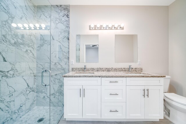 bathroom featuring vanity, toilet, and a shower with shower door