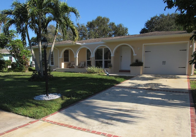 mediterranean / spanish-style house with a garage and a front lawn