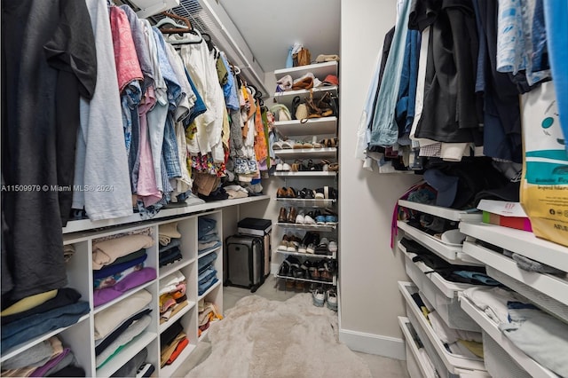 spacious closet featuring light colored carpet