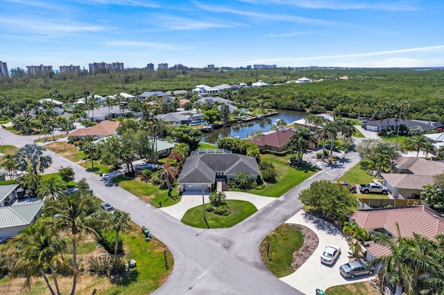 bird's eye view with a water view