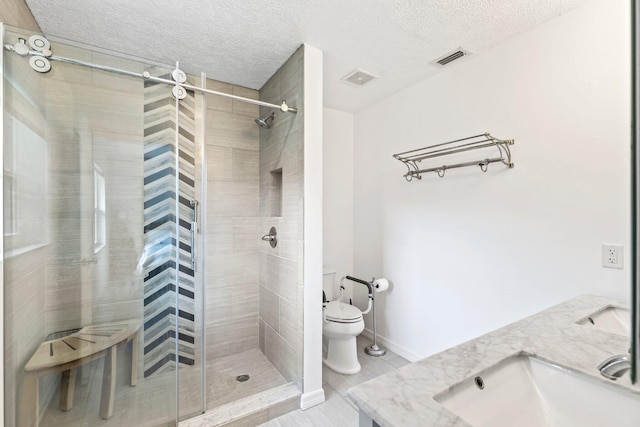 bathroom with vanity, a textured ceiling, and toilet