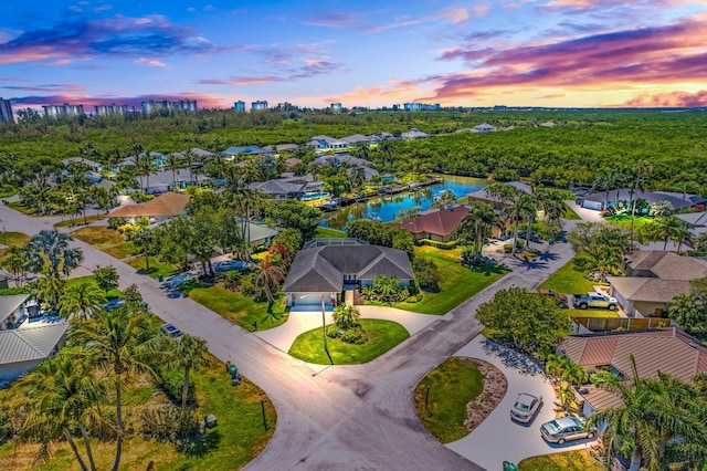 view of aerial view at dusk