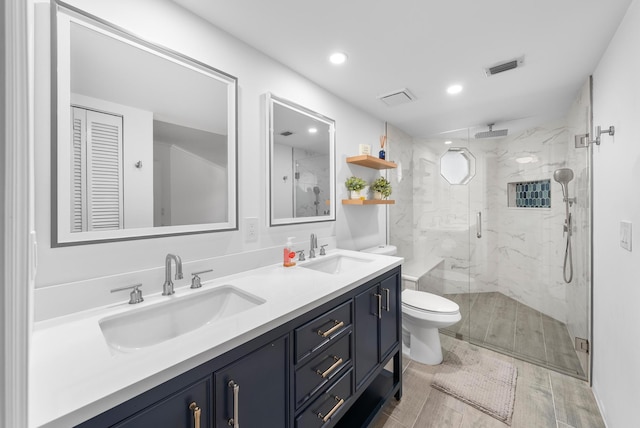 bathroom with vanity, toilet, and a shower with shower door