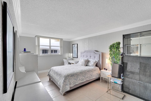 bedroom with ornamental molding and a textured ceiling