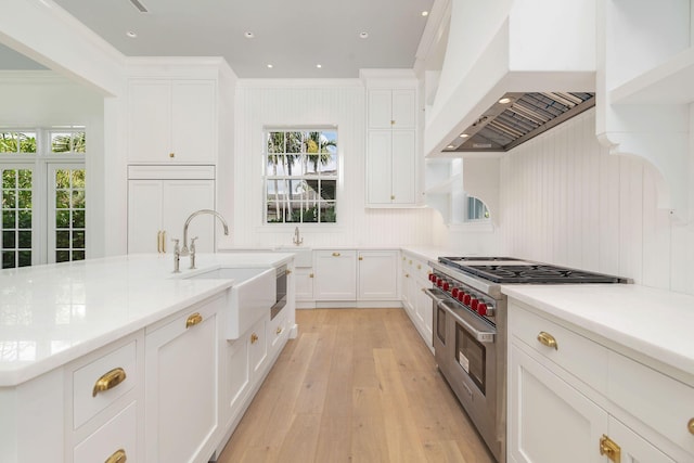 234 Miramar Way, West Palm Beach, FL 33405 - kitchen with high quality appliances, wall chimney range hood, light wood-style flooring, white cabinets, and a sink