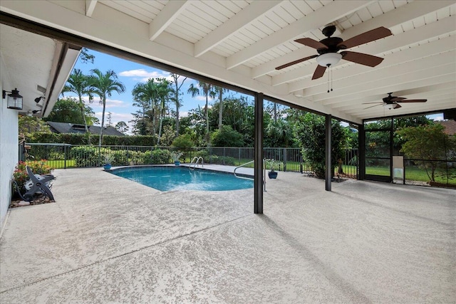 view of pool with a patio area and ceiling fan