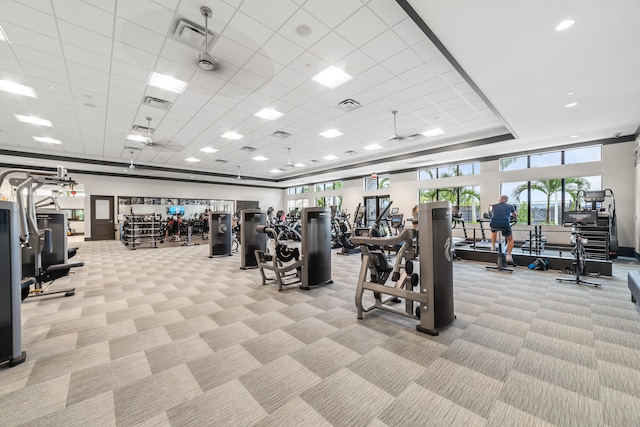 workout area with a raised ceiling, a drop ceiling, and light colored carpet