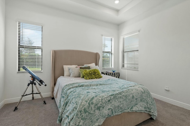 bedroom featuring light carpet