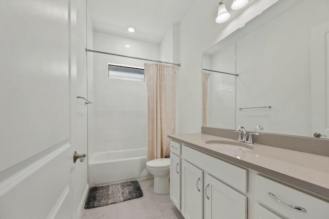 full bathroom with tile patterned floors, vanity, toilet, and shower / bathtub combination with curtain