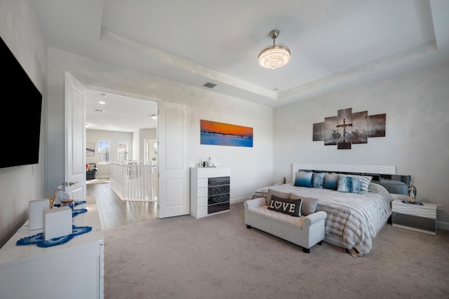 carpeted bedroom featuring a tray ceiling