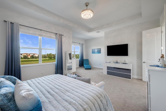 bedroom with a raised ceiling and light colored carpet