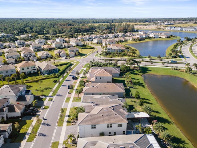 drone / aerial view featuring a water view