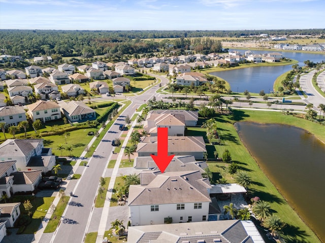 aerial view featuring a water view