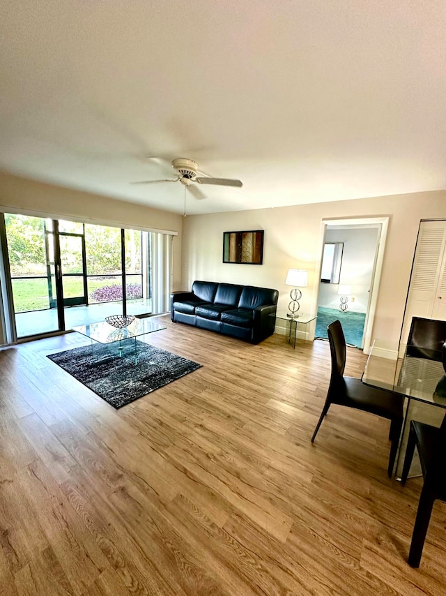 living room featuring ceiling fan and hardwood / wood-style flooring