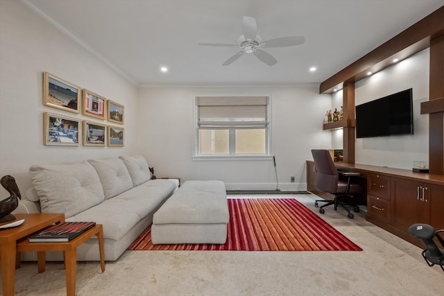 carpeted living room featuring ceiling fan and crown molding