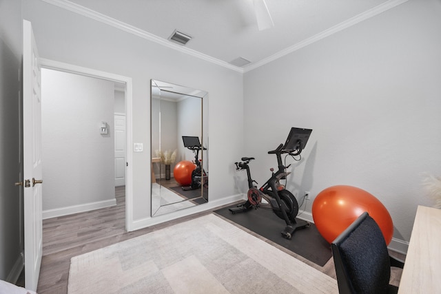 workout room featuring light wood-type flooring and ornamental molding