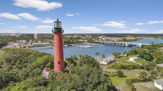 aerial view featuring a water view