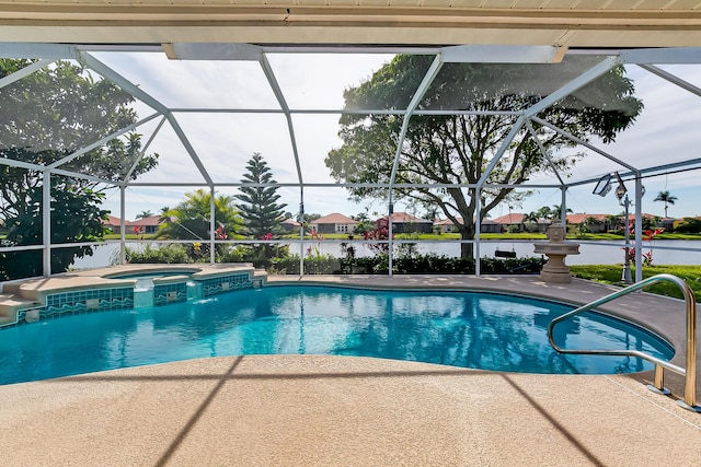 view of swimming pool with a lanai, an in ground hot tub, a patio, and a water view