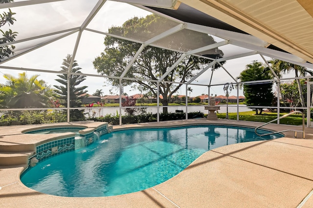 view of swimming pool featuring a water view, glass enclosure, a patio area, pool water feature, and an in ground hot tub