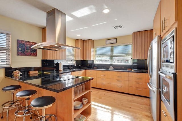 kitchen with a kitchen bar, island range hood, stainless steel appliances, sink, and light hardwood / wood-style floors