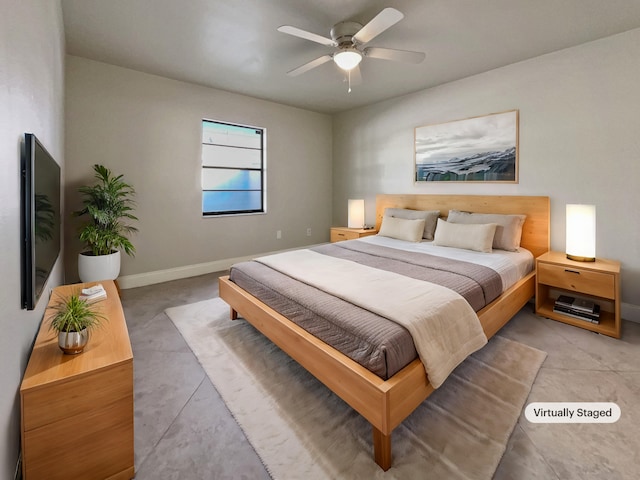 bedroom with ceiling fan and light tile patterned floors