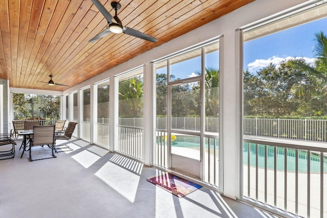 unfurnished sunroom featuring ceiling fan and wood ceiling