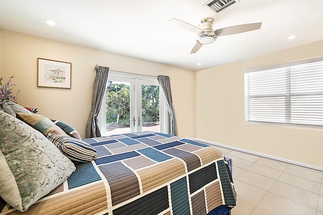 bedroom with access to exterior, french doors, ceiling fan, and light tile patterned flooring