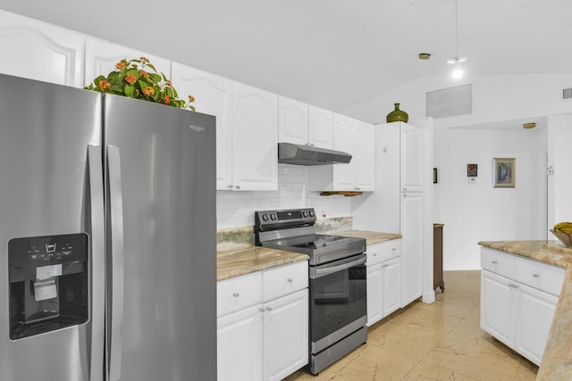 kitchen with light stone countertops, lofted ceiling, decorative backsplash, white cabinets, and appliances with stainless steel finishes