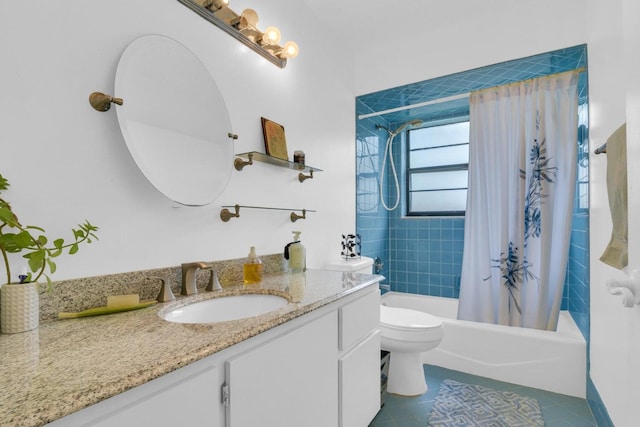 full bathroom featuring tile patterned floors, shower / tub combo with curtain, vanity, and toilet