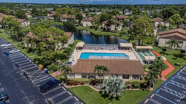 aerial view featuring a water view