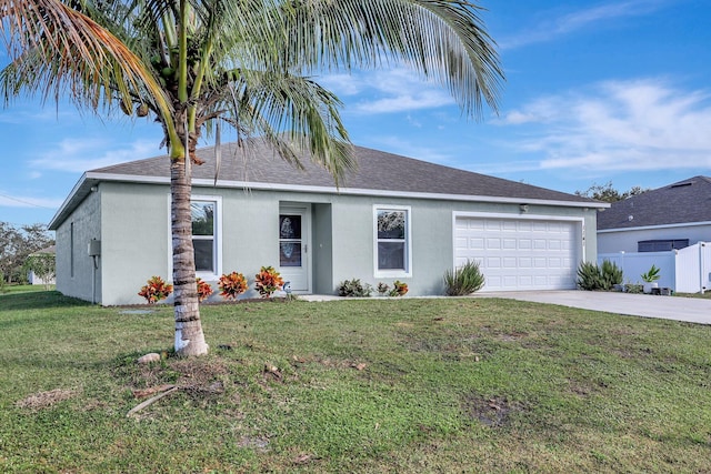 ranch-style house featuring a garage and a front yard