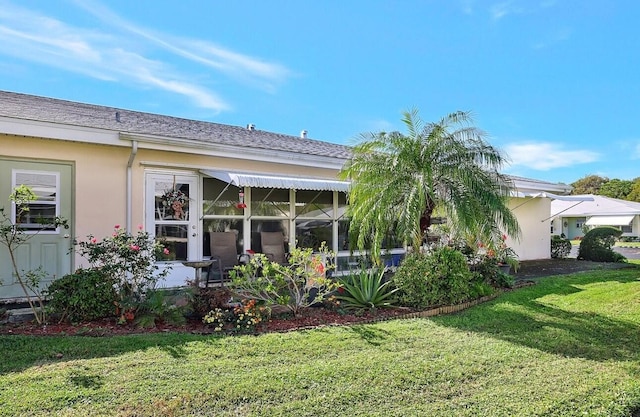 rear view of house featuring a shingled roof, a lawn, and stucco siding