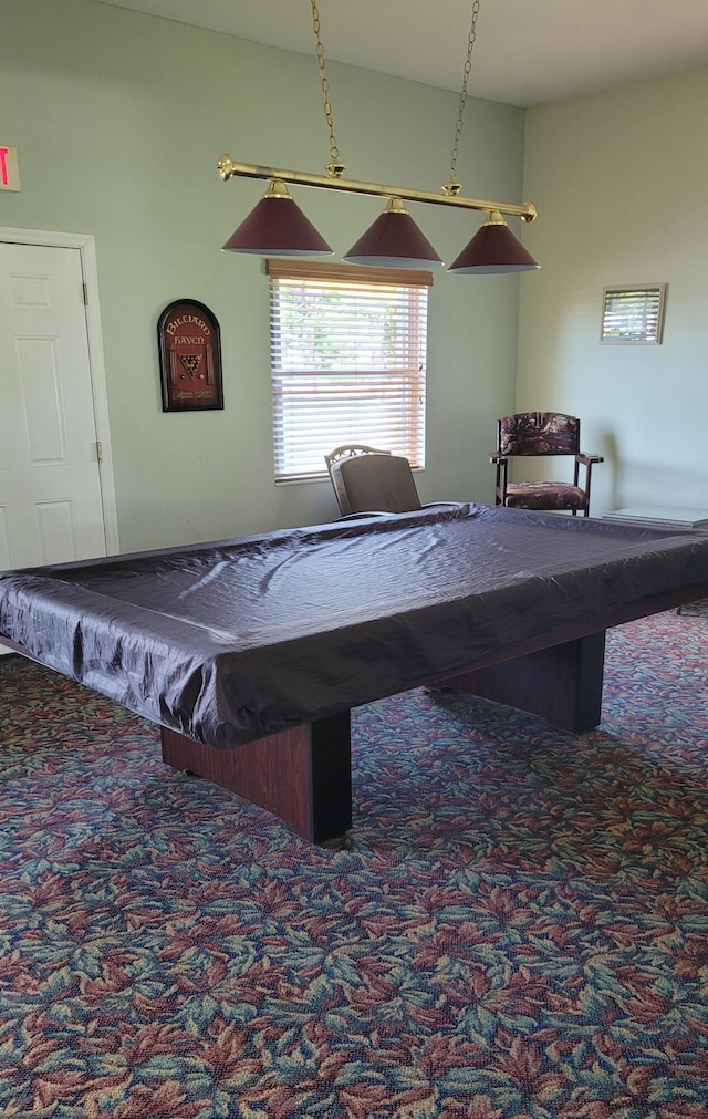 rec room with carpet floors and billiards