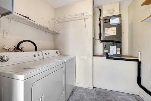 laundry room featuring washer and clothes dryer and heating unit