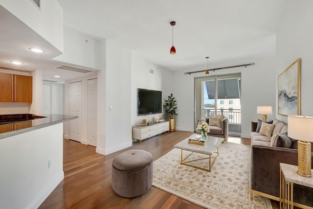 living room with dark hardwood / wood-style floors