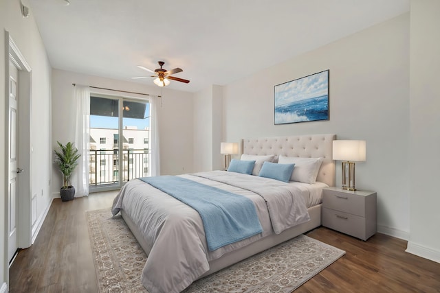 bedroom featuring hardwood / wood-style floors, access to outside, and ceiling fan