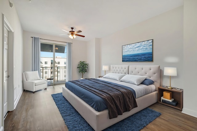 bedroom with access to exterior, ceiling fan, and hardwood / wood-style floors