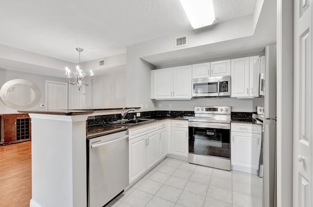 kitchen with kitchen peninsula, appliances with stainless steel finishes, sink, decorative light fixtures, and white cabinets