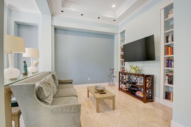 living room featuring light tile patterned floors, a tray ceiling, built in features, and crown molding