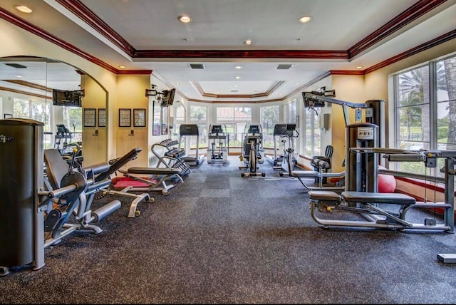 gym featuring a raised ceiling and ornamental molding