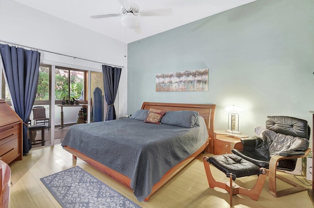 bedroom with access to exterior, light hardwood / wood-style floors, and ceiling fan