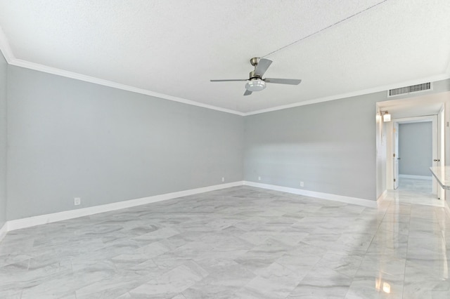 unfurnished room featuring a textured ceiling, ceiling fan, and ornamental molding