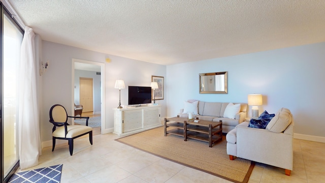 living room with a textured ceiling