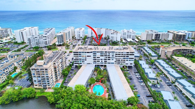 aerial view featuring a water view