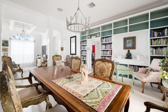 3645 Ocean Dr, Vero Beach, FL 32963 - dining area featuring a chandelier, coffered ceiling, crown molding, built in shelves, and beamed ceiling